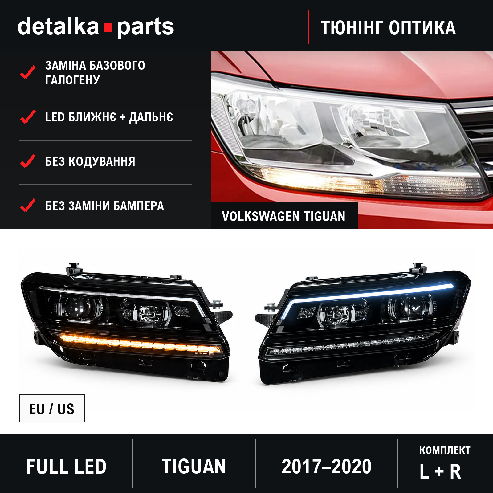 Фари Volkswagen Tiguan 2017–2020 Full LED для заміни галогенової оптики — комплект L+R
