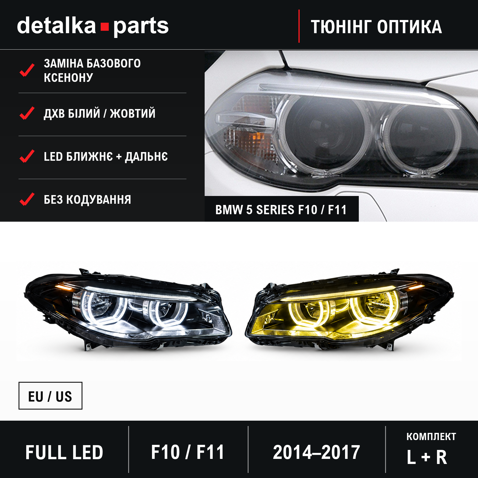Фари BMW 5 Series F10 / F11 2014–2017 Full LED для заміни ксенону — комплект L+R