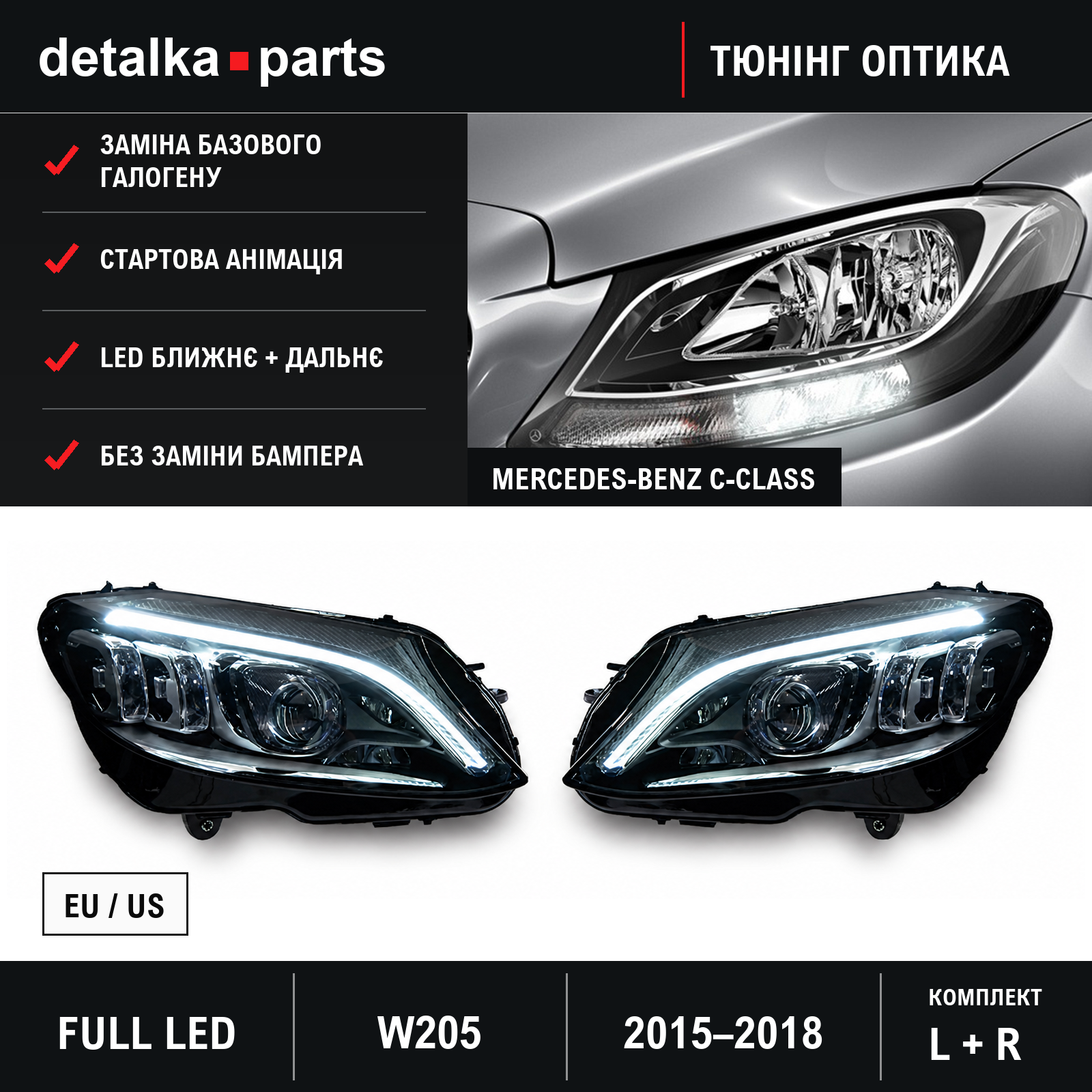 Фари Mercedes-Benz C-Class W205 2015–2018 Full LED для заміни галогену — комплект L+R