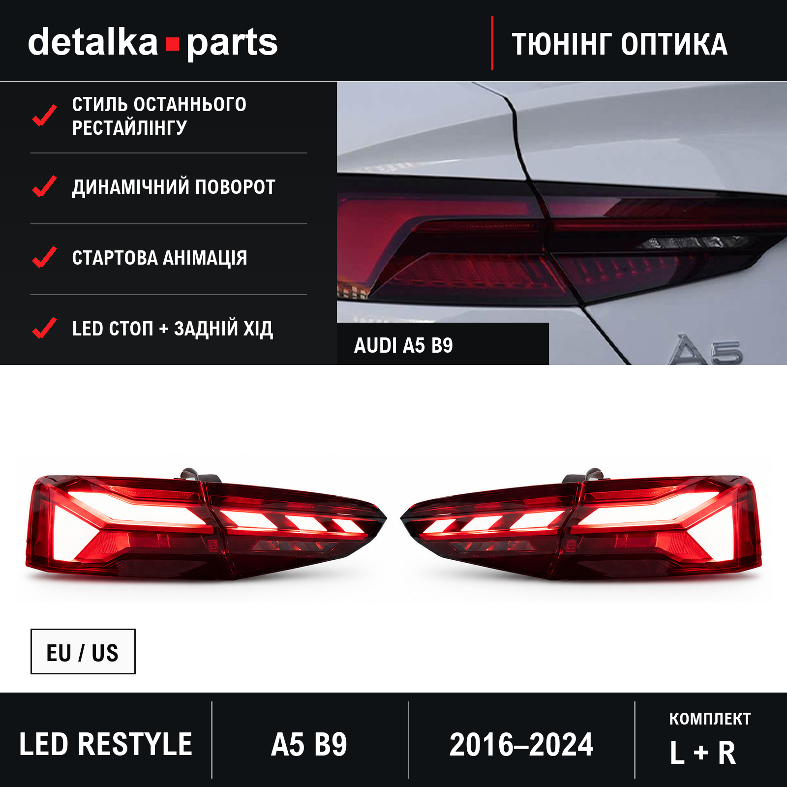 Ліхтарі Audi A5 B9 2016–2024 LED у стилі останнього рестайлінгу — комплект L+R