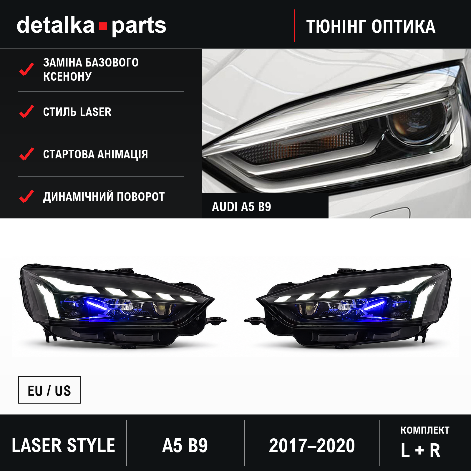 Фари Audi A5 B9 2017–2020 Full LED у стилі Laser-рестайлінгу — комплект L+R