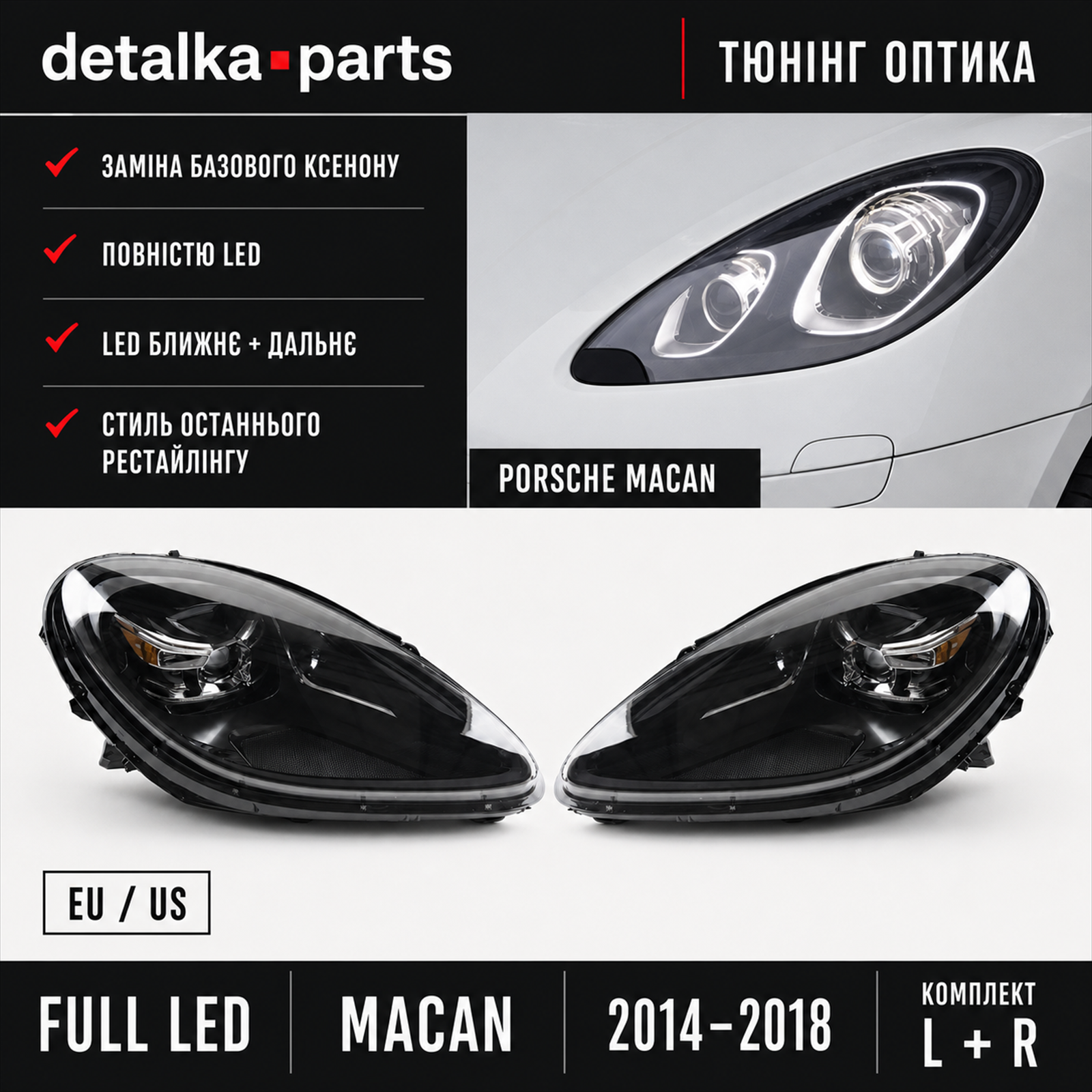 Фари Porsche Macan 2014–2018 Full LED у стилі останнього рестайлінгу — комплект L+R