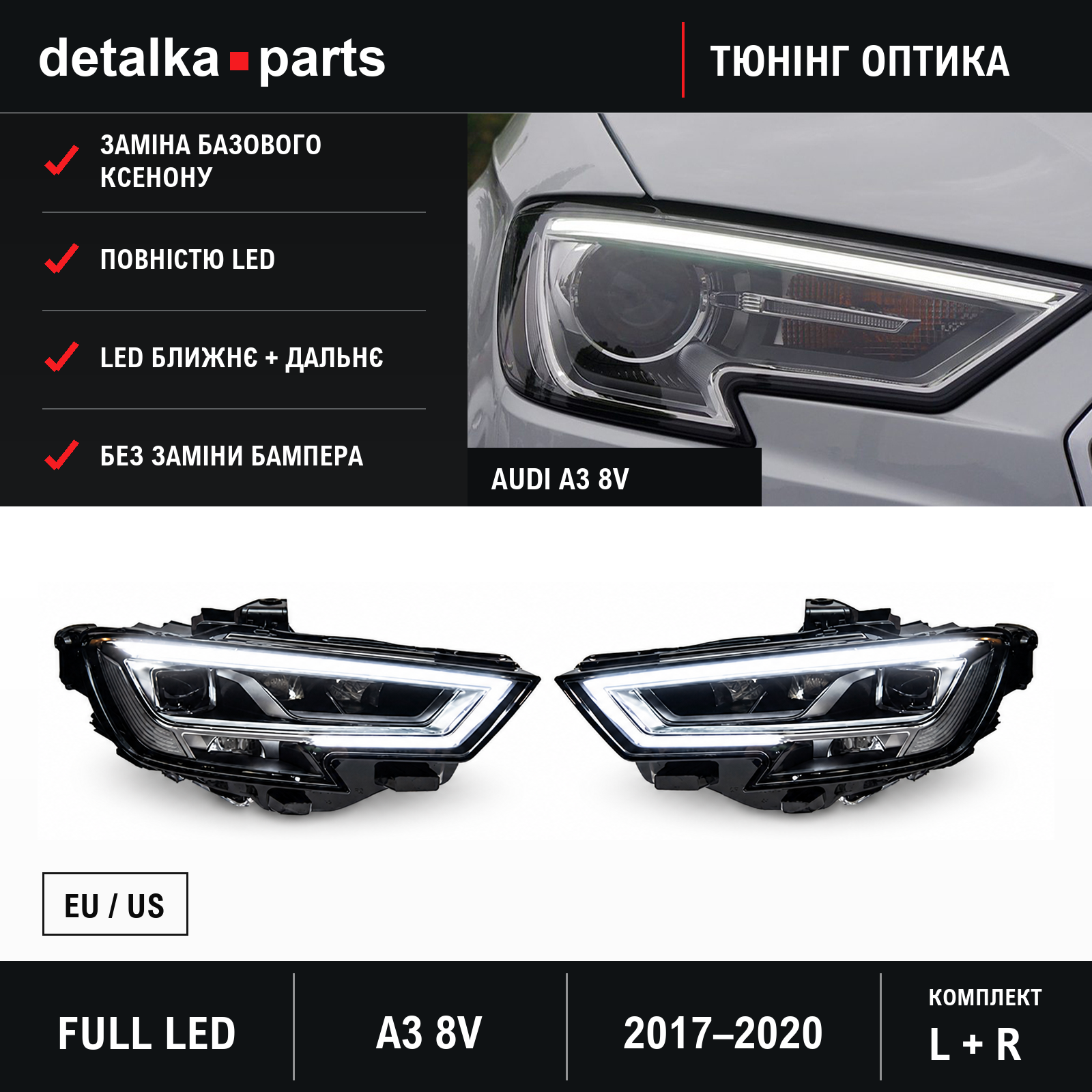 Фари Audi A3 8V 2017–2020 Full LED для заміни ксенону — комплект L+R