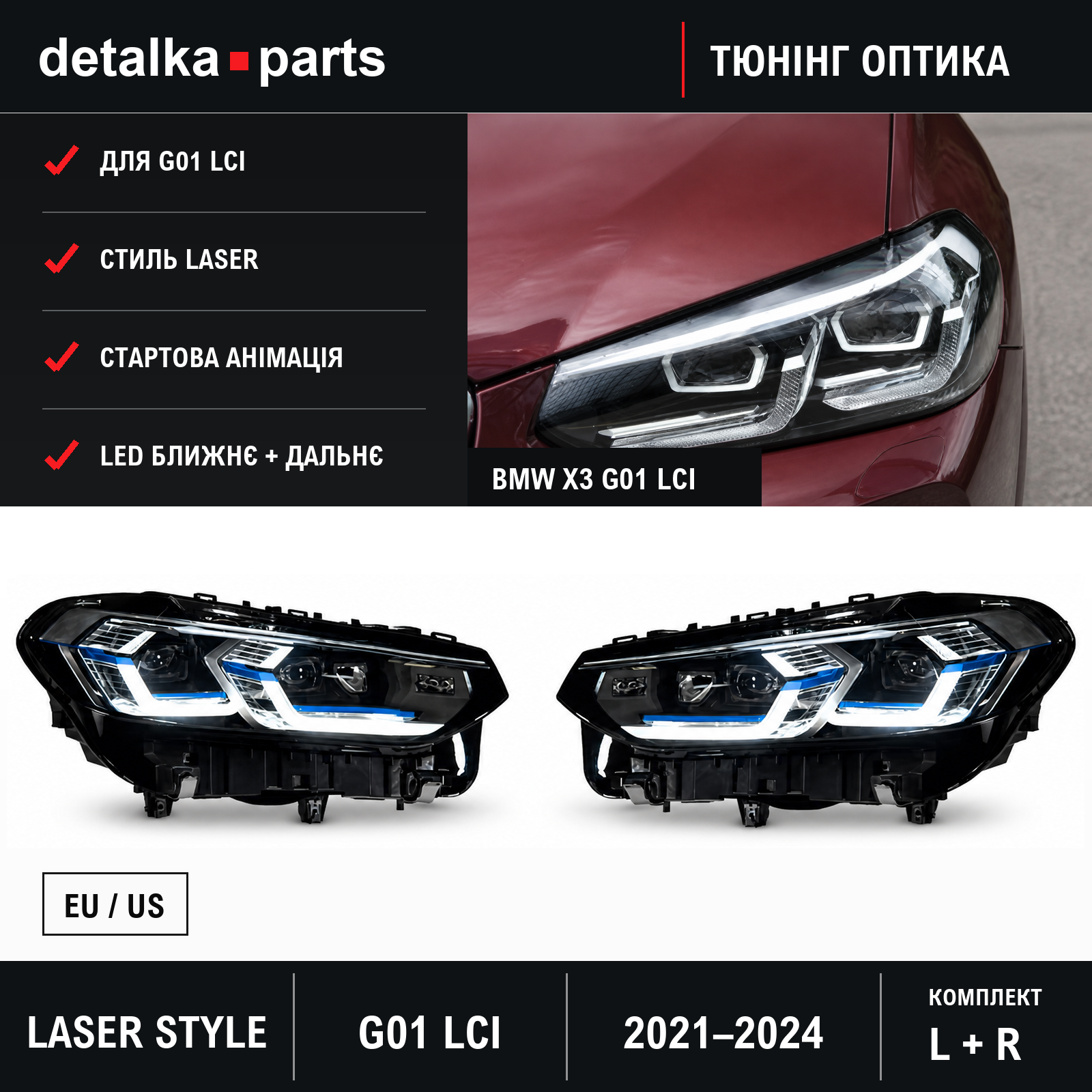 Фари BMW X3 G01 LCI 2021–2024 Full LED у стилі Laser — комплект L+R
