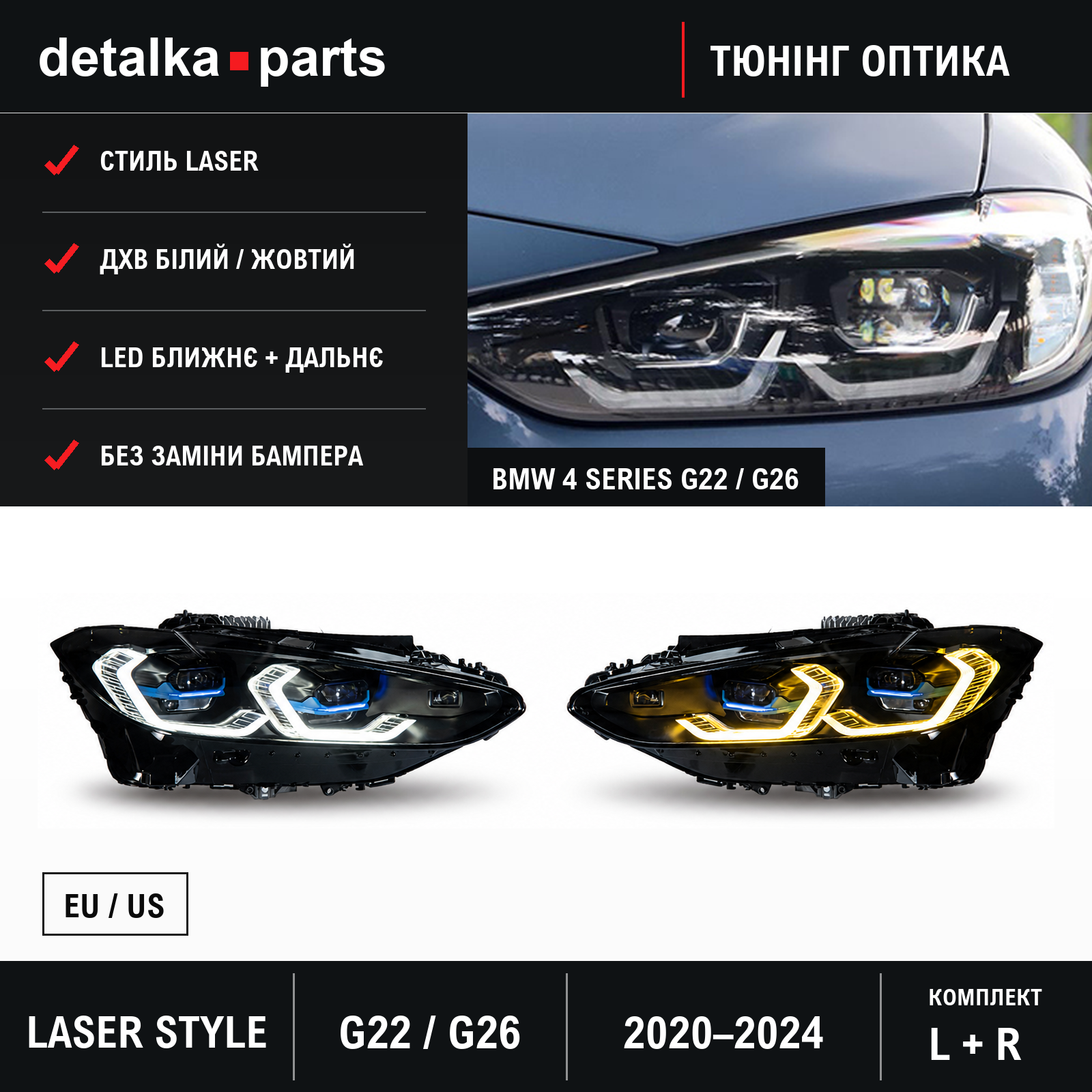 Фари BMW 4 Series G22 / G26 2020–2024 Full LED у стилі Laser — комплект L+R
