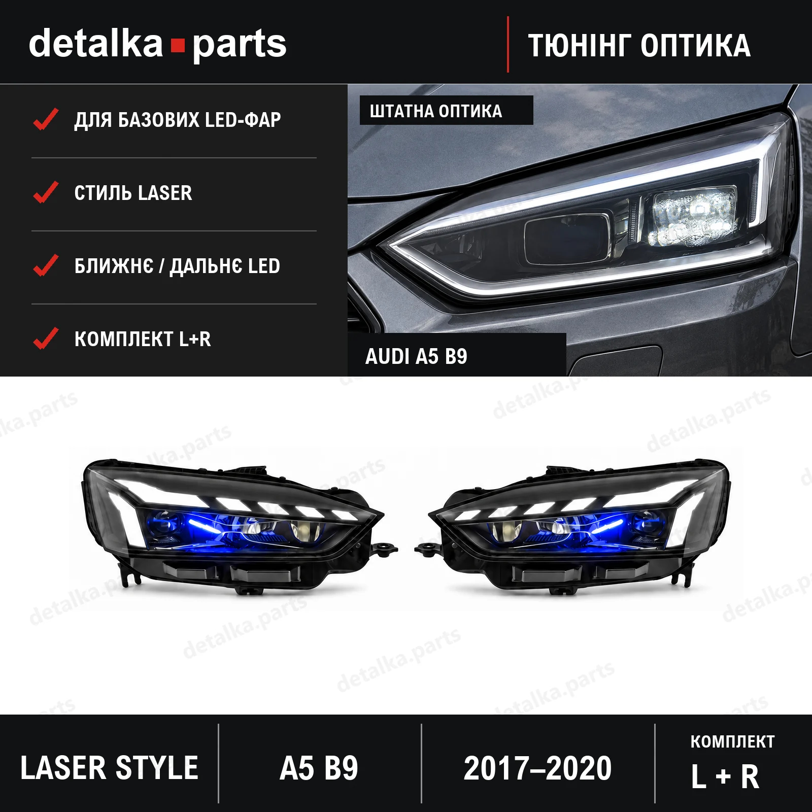 Фари Audi A5 B9 2017–2020 Full LED у стилі Laser-рестайлінгу для LED фар — комплект L+R