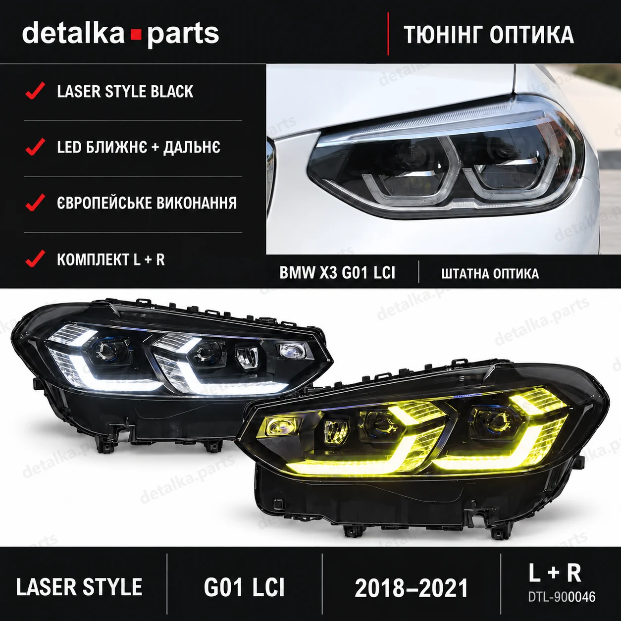 Фари BMW X3 G01 LCI 2018–2021 Full LED Laser Style Black EU — комплект L+R